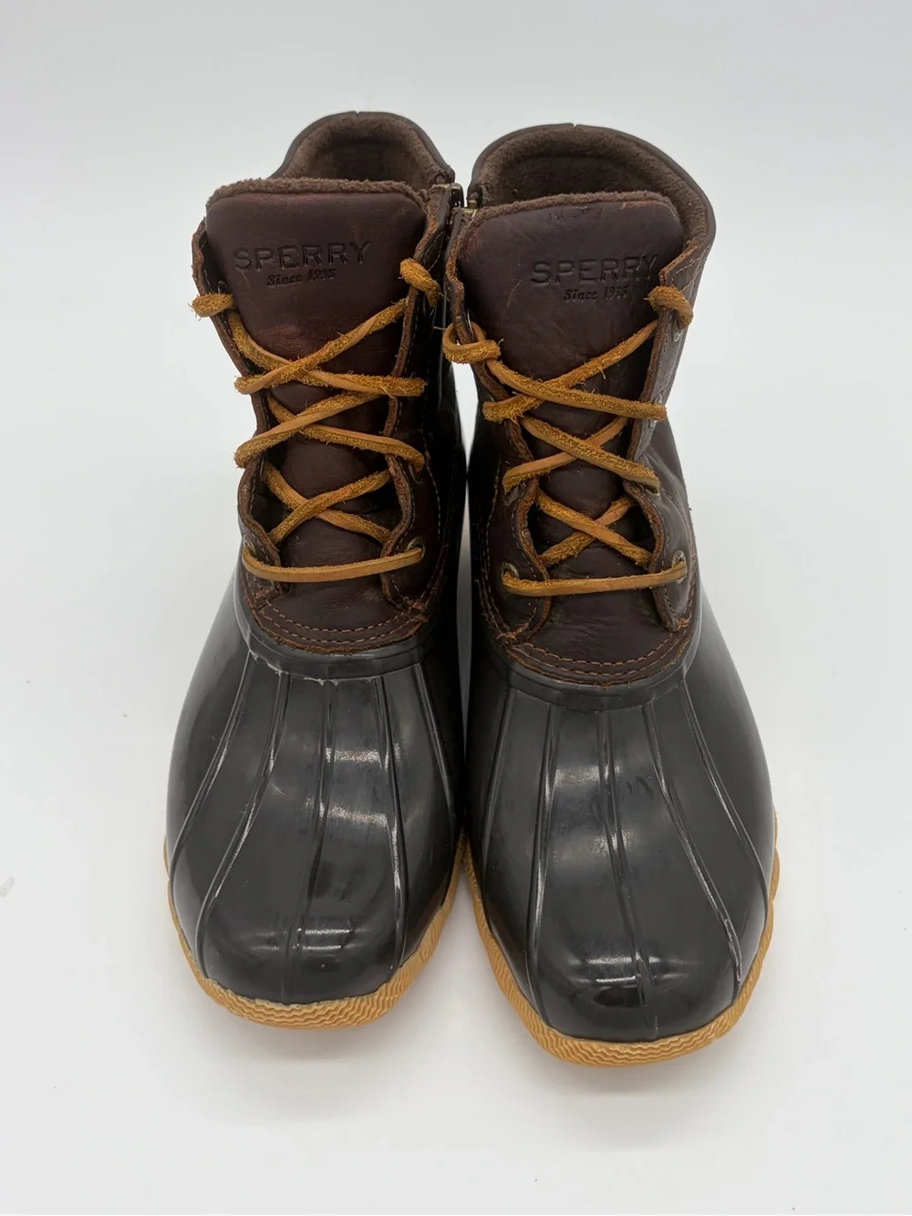 Sperry Brown Leather and Black Rubber Duck Boots with Tan Laces